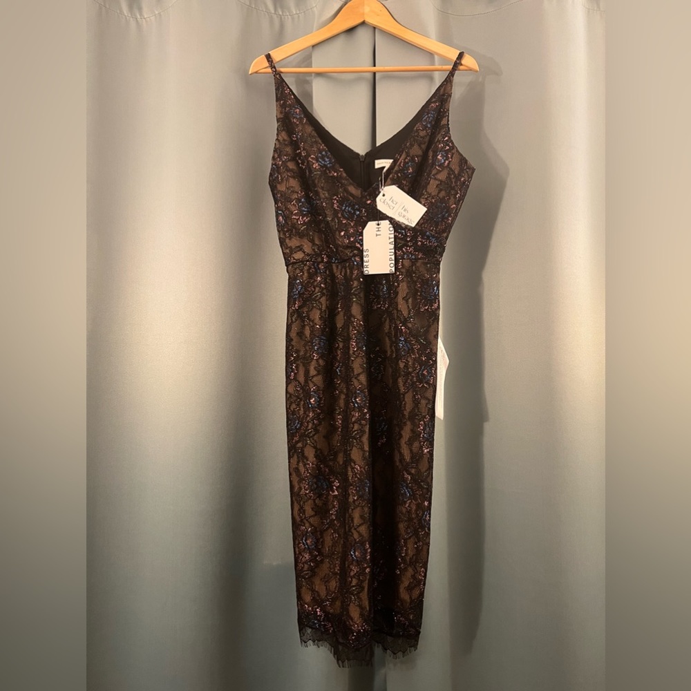 Fiona Lace Overlay Metallic Highlight Dress, Dress The Population, New With Tags